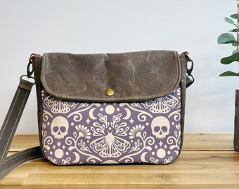 Purple Moth and Skull Waxed Canvas Small Messenger Bag - Satchel - Flap Canvas Bag - Cross Body - Screen Printed Fabric