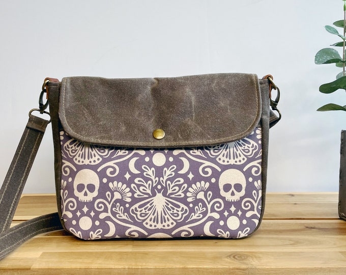 Purple Moth and Skull Waxed Canvas Small Messenger Bag - Satchel - Flap Canvas Bag - Cross Body - Screen Printed Fabric