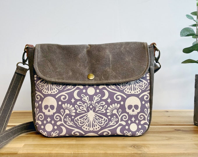 Moth and Skull Waxed Canvas Small Messenger Bag - Satchel - Flap Canvas Bag - Cross Body - Screen Printed Fabric