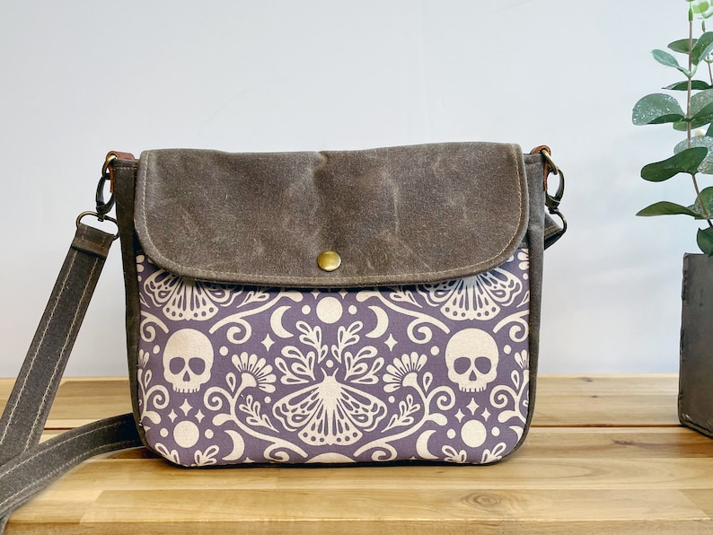 Moth and Skull Waxed Canvas Small Messenger Bag Satchel Flap Canvas Bag Cross Body Screen Printed Fabric image 1