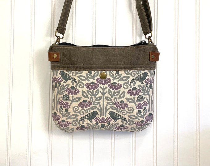Crow and Mushroom Waxed Canvas Small Cross-Body Purse - Screen Printed
