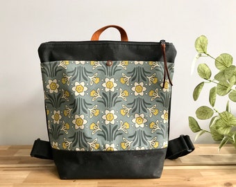 March Daffodils Waxed Canvas Backpack - Canvas Bag - Backpack purse - Screen Printed - Daffodil Pattern - Water Resistant Bag - March