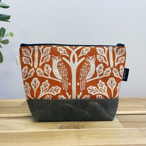 Hand Printed Owl and Oak Tree Zipper Pouch - Waxed Canvas Cosmetic Bag