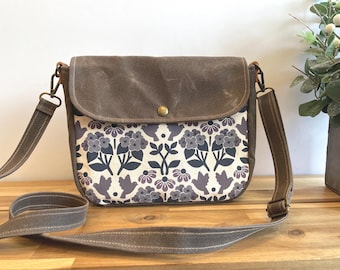 Floral Waxed Canvas Messenger Bag: Hydrangea, Black Eyed Susan, Bluebird Print
