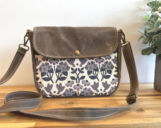 Hydrangea, Black Eyed Susan and Bluebird Waxed Canvas Small Messenger Bag - Satchel - Flap Canvas Bag - Cross Body - Screen Printed Fabric