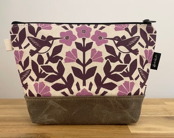 Pink Hummingbird and Weigela Pattern Zipper Pouch - Waxed Canvas - Cosmetic Bag - Screen Printed - Hand Printed