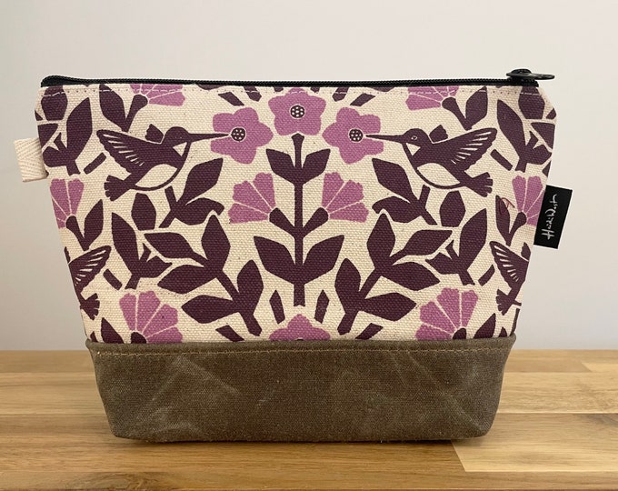 Pink Hummingbird and Weigela Pattern Zipper Pouch - Waxed Canvas - Cosmetic Bag - Screen Printed - Hand Printed
