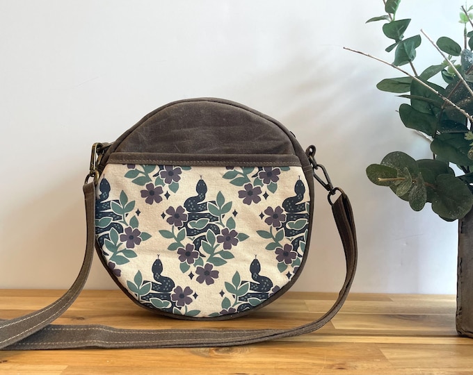 Garden Snakes Waxed Canvas Round Cross-Body Purse - Screen Printed Circle Bag - Tambourine Bag
