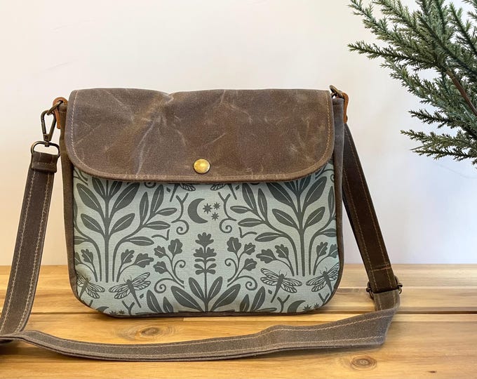 Sage and Moonlight Waxed Canvas Small Messenger Bag - Satchel - Flap Canvas Bag - Cross Body - Screen Printed Fabric - Dragonfly Bag