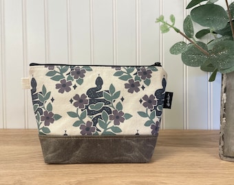 Garden Snakes Zipper Pouch - Waxed Canvas - Cosmetic Bag - Screen Printed - Hand Printed