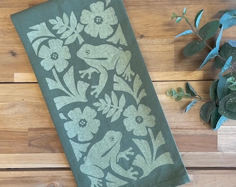 Green Frog Hand Printed Tea Towel - Cotton - Housewarming Gift - Hand Towel - Screen Printed