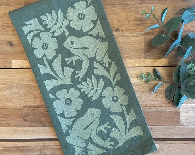 Green Frog Hand Printed Tea Towel - Cotton - Housewarming Gift - Hand Towel - Screen Printed