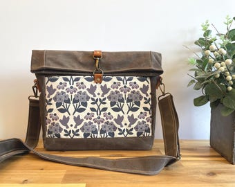 Floral Waxed Canvas Crossbody Bag: Hydrangea, Black Eyed Susan, Bluebird Print