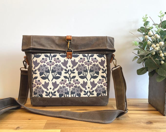 Hydrangea, Black Eyed Susan and Bluebird Roll Top Waxed Canvas Purse - Cross Body Messenger Purse - Screen Printed Bag