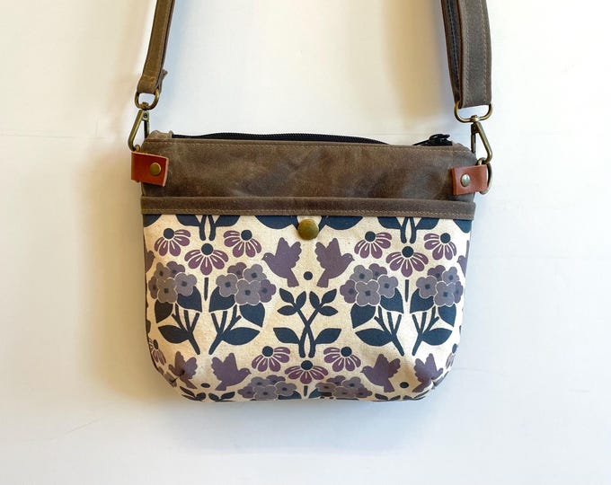 Hydrangea, Black Eyed Susan and Bluebird Waxed Canvas Small Cross-Body Purse - Screen Printed