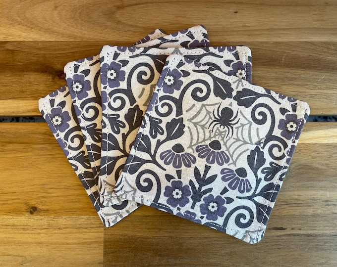 Set of 4 Floral Spider Coasters - Fabric Coasters - Halloween - Witchy - Decor