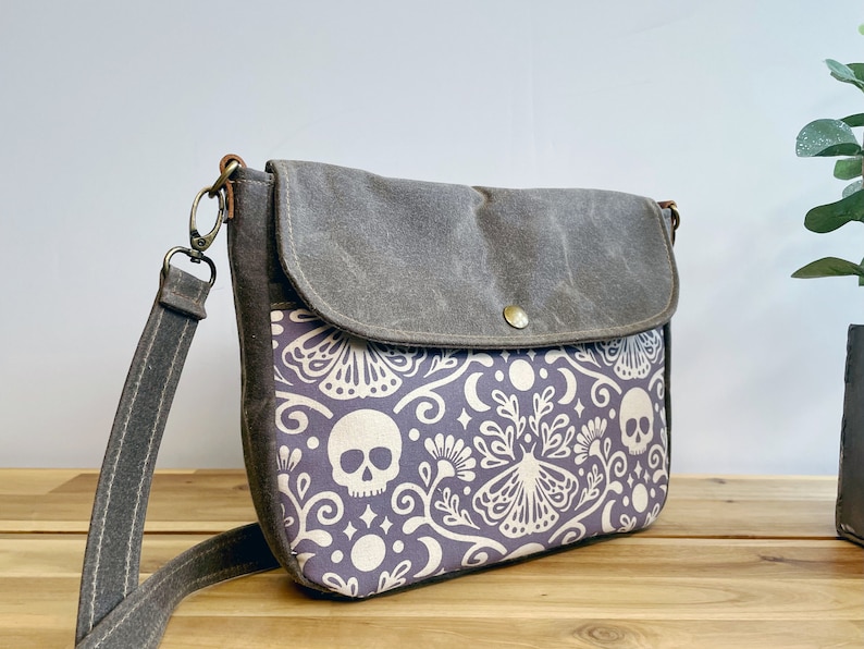 Moth and Skull Waxed Canvas Small Messenger Bag Satchel Flap Canvas Bag Cross Body Screen Printed Fabric image 2