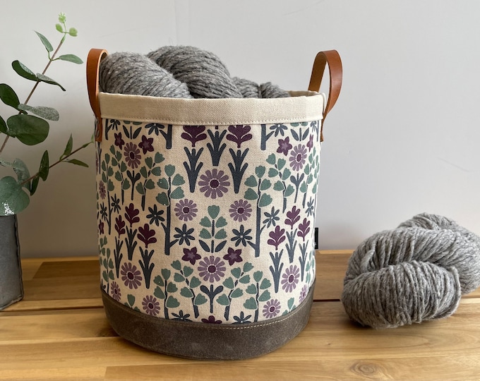 Large 9” Oregon Wildflowers Fabric Bin - Screen Printed Fabric Bucket - Floral Round Bin - Natural White