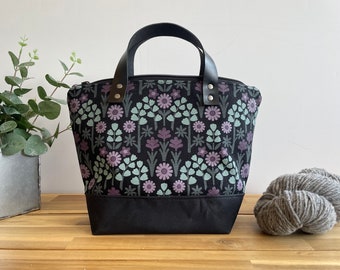 Oregon Wildflowers Waxed Canvas Project Bag - Screen Printed - Knitting Bag - Yarn Bag - Crochet Bag - Black