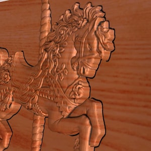May include: A wooden carving of a carousel horse with intricate details. The horse is brown and has a flowing mane and tail. The carving is set against a woodgrain background.