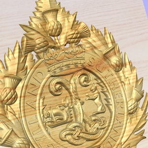 May include: A detailed wooden carving of a heraldic emblem, featuring a central circular design with a dragon and other figures, surrounded by a crown, thistles, and text. The emblem is in shades of gold and brown.