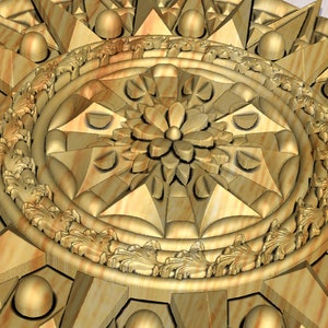 May include: A detailed, intricate, wooden carving of a circular design with a central flower motif. The carving is in shades of gold and brown.