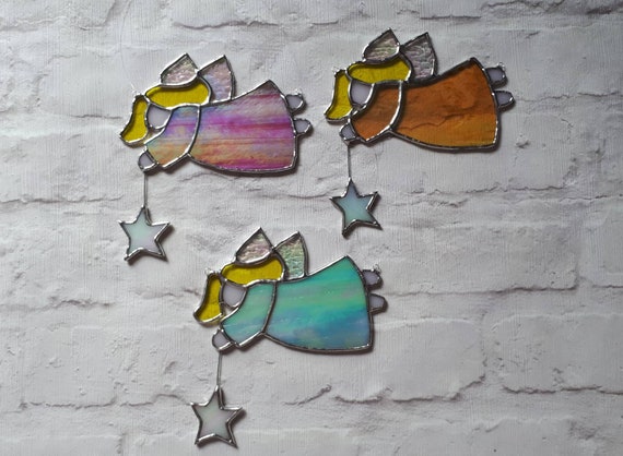 Stained Glass Angel Folk Art With Wishing Star Suncatcher Etsy