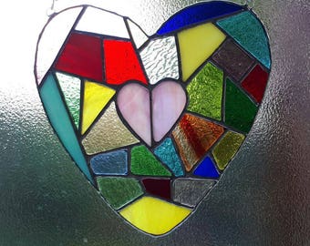 Stained glass heart mosaic Valentine heart geometric suncatcher