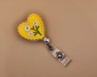 Yellow Floral Daisy Heart Badge Reel for Nurses, Doctors, Respiratory Therapists, Occupational Therapists, Hospital Worker, Teacher, More