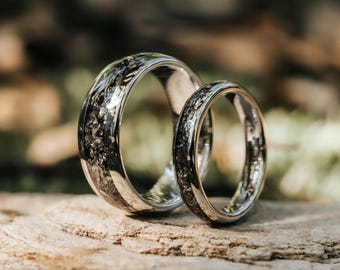 Meteorite 14K White Gold Matching Rings - Couples Meteorite