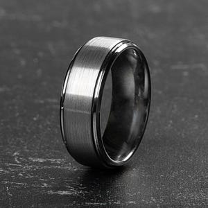 Silver Tungsten Wedding Ring- Beveled Edges- Gunmetal Tungsten Carbide Band- Brushed Center Wedding Band- Gunmetal Center- Sinatra