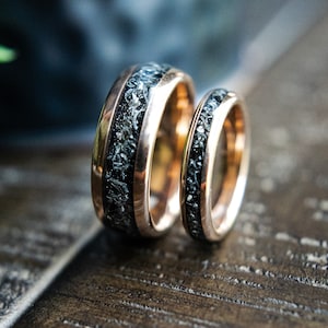 Couples Meteorite Wedding Bands His Hers Wedding Ring Set Promise Rings Rose Gold Matching Wedding Rings Romeo & Juliet image 1