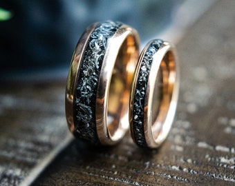 Parejas alianzas de boda de meteoritos- Su conjunto de anillos de boda- Anillos de promesa- Anillos de boda a juego de oro rosa- Romeo y Julieta