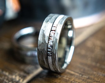 Men's Deer Antler Ring -Hammered Mens Wedding Ring - Men's  Antler Wedding Band- Men's Wedding Ring- Mens Tungsten Ring- Tarzan