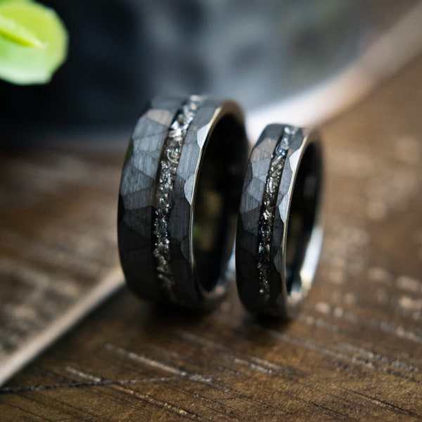 Couples Meteorite Wedding Bands- His and Hers Black Hammered Wedding Rings- Promise Rings- Men’s Meteorite Wedding Ring Set- Kent & Lois