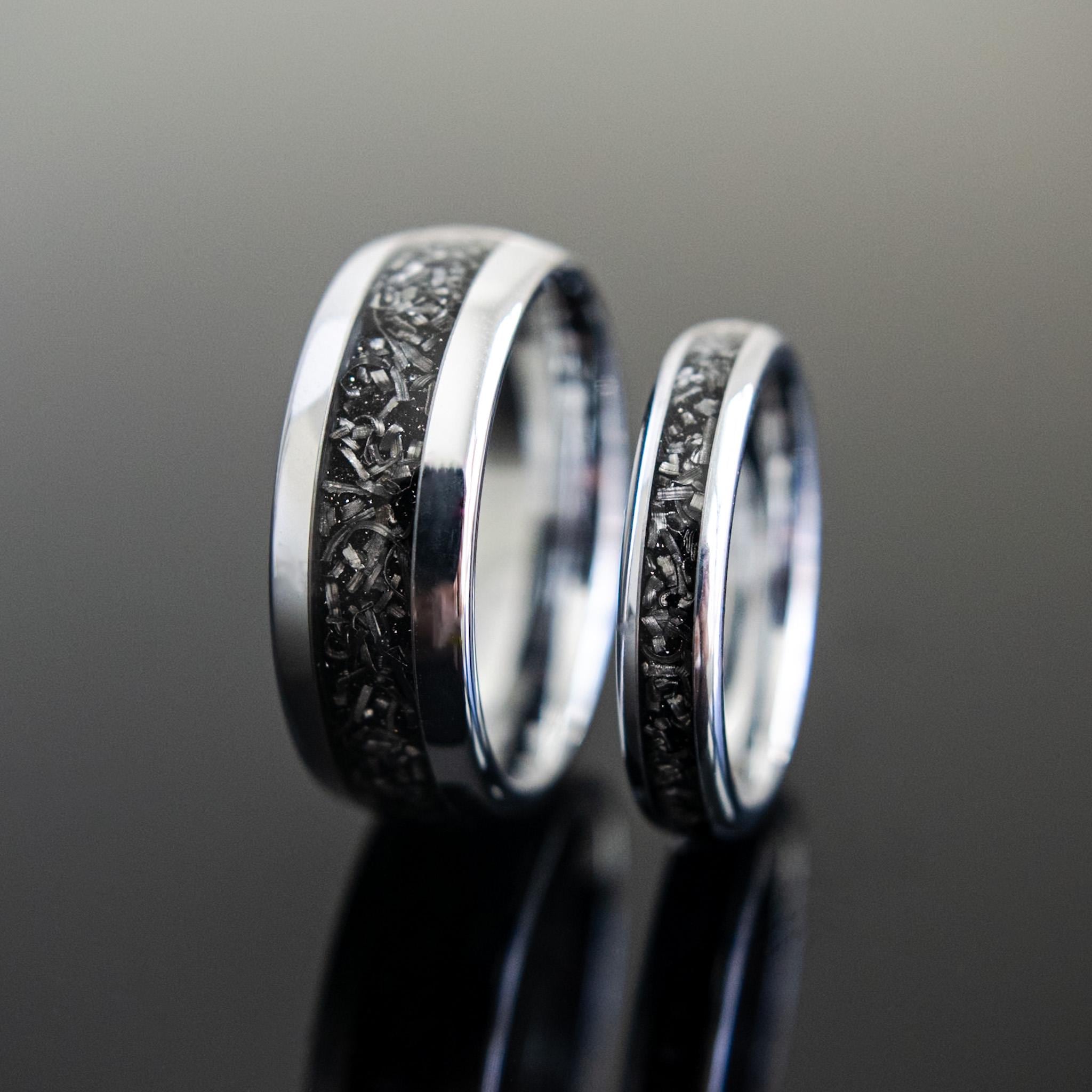 Couples Meteorite Wedding Bands- His and Hers Ring Set - 14K White