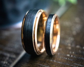 Couples Wedding Bands- His Hers Wedding Rings- Promise Rings- Black Rose Gold Matching His And Hers Wedding Ring Set- Royal Couple