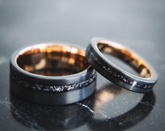 Couples Meteorite Wedding Bands- His Hers Wedding Ring Set- Promise Rings- Rose Gold Matching Wedding Rings- Black Wedding Bands Jack & Rose