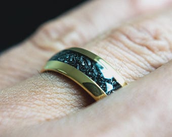 Men's Wedding Ring- Tungsten Wedding Band- Men's Meteorite Ring- Yellow Gold Men’s Wedding Band- Men’s Tungsten Ring- Romeo Gold