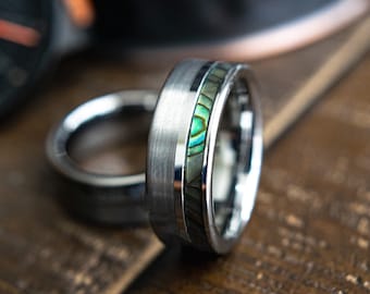 Men's Abalone Shell Ring- Men’s Tungsten Ring- Men's Abalone Rings-Tungsten Abalone Shell Ring Men- Men’s Tungsten Ring- Davinci