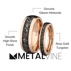 May include: A pair of wedding bands made of rose gold tungsten with a genuine Gibeon meteorite inlay. The bands have a smooth high shine finish.  METALVINE.
