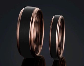Anillos de oro rosa para parejas - Anillos de boda para él y para ella - Conjunto de anillos a juego de oro rosa y negro - La pareja real