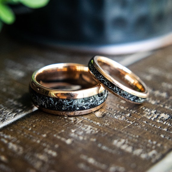 Couples Meteorite Wedding Bands- His Hers Wedding Ring Set- Promise Rings- Rose Gold Matching Wedding Rings- Romeo & Juliet