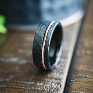 Guitar String Wedding Ring, Black Tungsten Wedding Band, Hammered Tungsten Wedding Ring, Mens Wedding Ring, Black Wedding Band, Hendrix