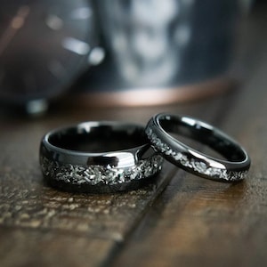 Couples Meteorite Wedding Bands- His and Hers Black Wedding Rings- Promise Rings- Men’s Meteorite Wedding Ring Set- Romeo 2.0