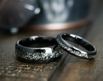 Couples Meteorite Wedding Bands- His and Hers Black Wedding Rings- Promise Rings- Men’s Meteorite Wedding Ring Set- Romeo 2.0