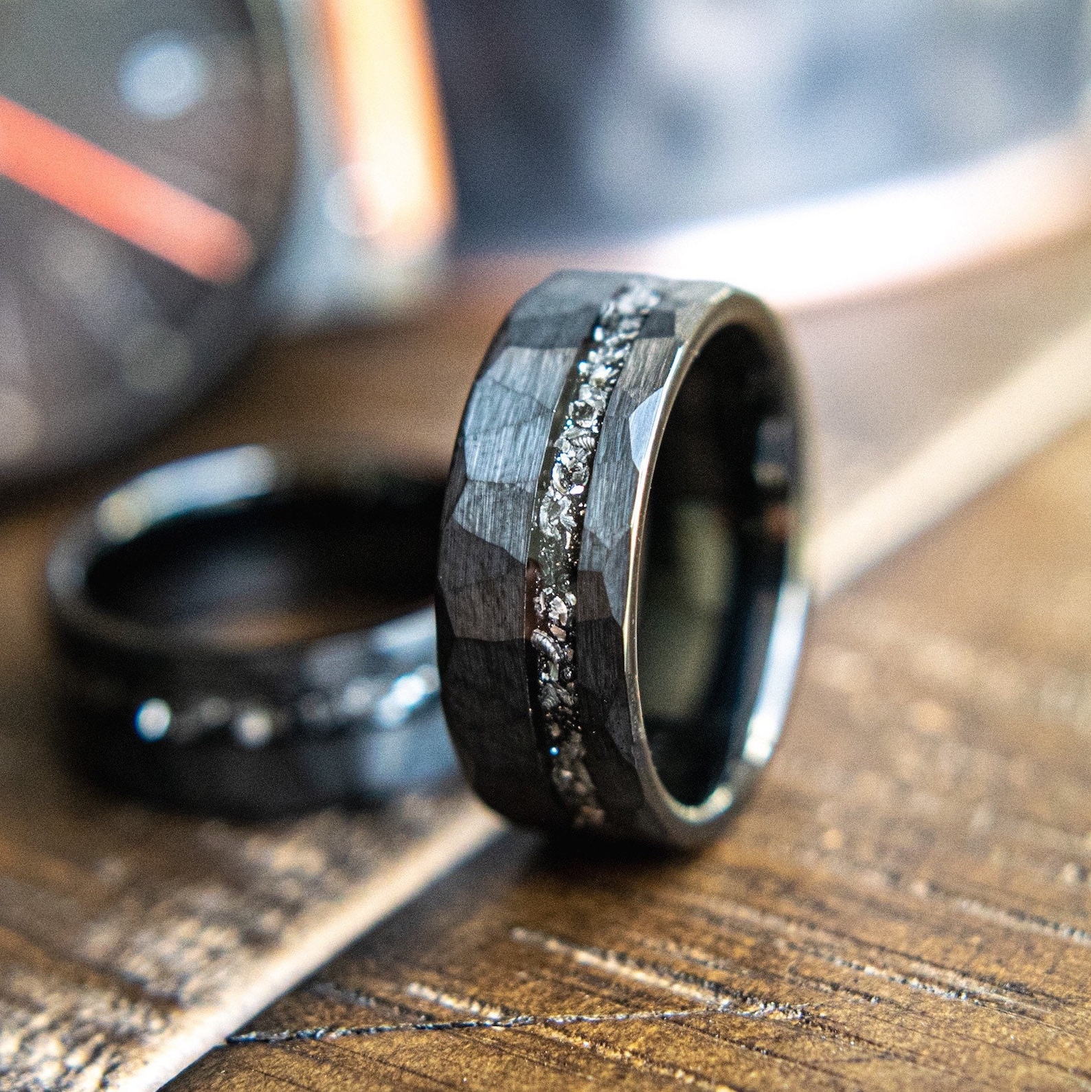 Men's Wedding Ring Black - Meteorite Ring - Black Hammered Men’s Ring
