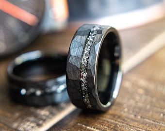 Men's Wedding Ring Black - Meteorite Ring - Black Hammered Men’s Ring - Meteorite Men's Wedding Band - Tungsten Ring- Kent
