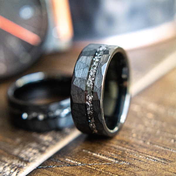 Men's Wedding Ring Black - Meteorite Ring - Black Hammered Men’s Ring - Meteorite Men's Wedding Band - Tungsten Ring- Kent