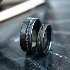 Couples Meteorite Wedding Bands- His and Hers Black Hammered Wedding Rings- Promise Rings- Men’s Meteorite Wedding Ring Set- Kent & Lois